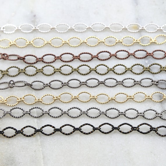 Base Metal Oval Textured Crimped Chain in Shiny Silver and Gold, Antique Copper, Brass, Silver, Gunmetal, Matte Black/ Chain by the Foot