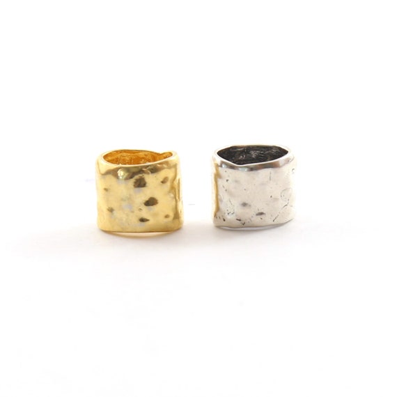 Artisan Organic Hammered Textured Oblong Large Hole Spacer Bead in Vermeil or Sterling Silver 925