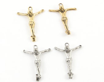 2 Pieces Large Pewter Base Metal Crucifix Jesus Cross Charm Pendant Religious Spiritual Catholic Christianity Charm