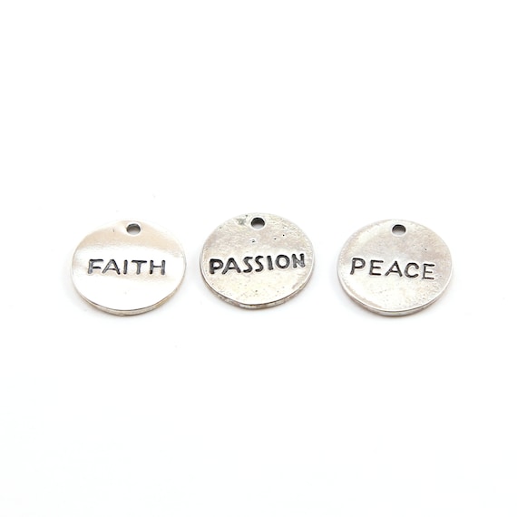 Sterling Silver Faith, Passion, or Peace Stamped Round Circle Disc Charm Inspiration Pendant