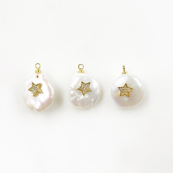 Freshwater Cubic Zirconia Star Pearl Charm Gold Plated Natural Shape Pearl Charm