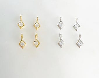極小サイズのダイヤモンド型キュービックジルコニアチャーム4個セット（ゴールドメッキまたはロジウムメッキ）