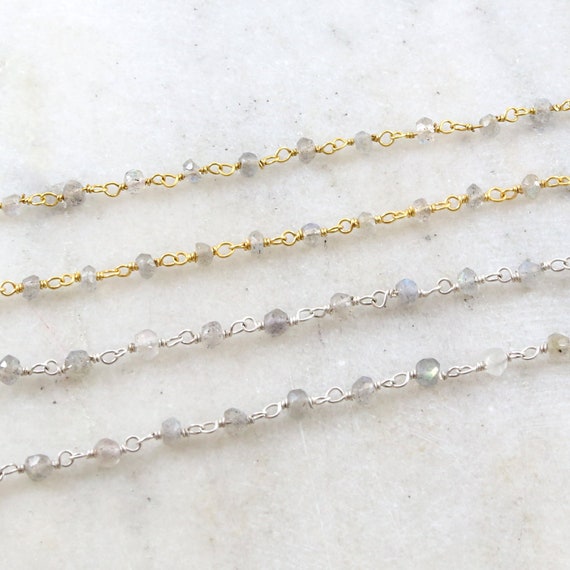 Dainty Labradorite Gemstone Rosary Beaded Wire Wrapped Chain Sterling Silver or Vermeil  / Sold by the Foot / Bulk Unfinished Chain /
