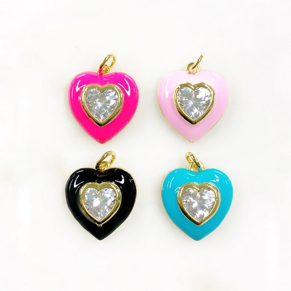 Heart Charm Gold Plated Enamel Charm With Large CZ Center Choose Your Color  Stone Love And Friendship Jewelry Making Charm