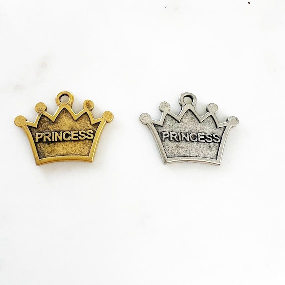 1 Piece Large Flat Back Pewter Crown Charm with Loop and Engraved with "Princess" in Antique Gold or Antique Silver