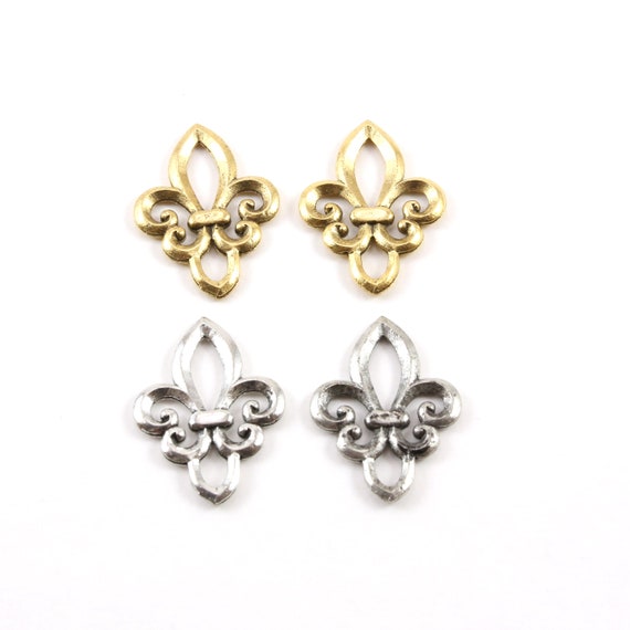 2 Pieces Open Fleur De Lis Silhouette Design Pendant Pewter Necklace Charm 25mm x 18mm in Antique Gold or Antique Silver