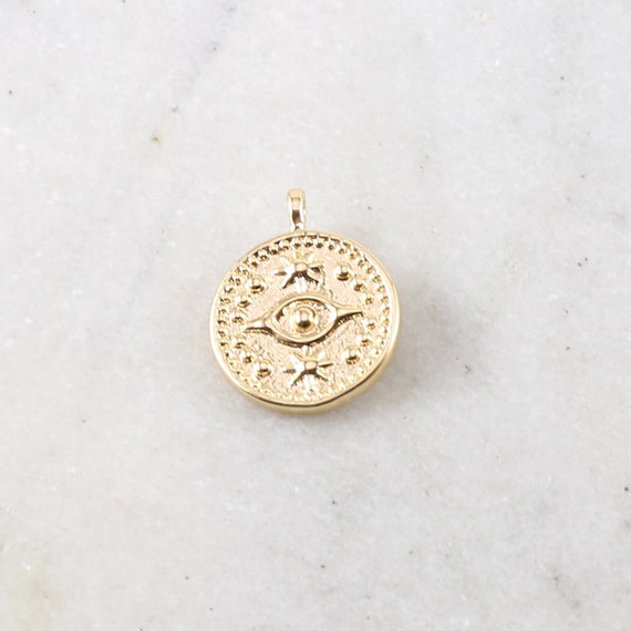 Round Evil Eye Medallion Coin with Stars Gold Rhodium Plated Delicate Charm Religious Pendant Jewelry Double Sided