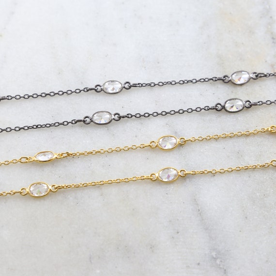 Tiny Oval CZ Cubic Zirconia Stone Link Chain in Gold Plated Vermeil  or Oxidized Sterling Silver / Bulk Unfinished Chain Sold by the Foot