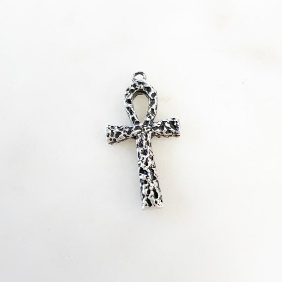 Hammered  Textured  Sterling Silver Egyptian Ankh Life Charm Pendant
