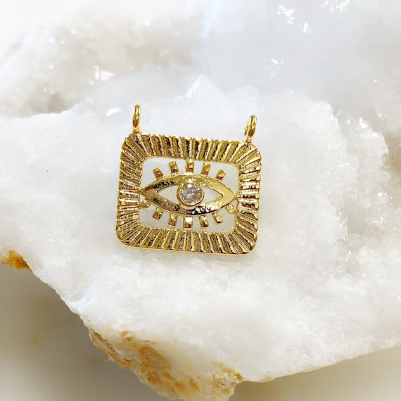 Rectangle CZ Evil Eye Charm, Gold Plated, Cubic Zirconia Protector Charm Pendant