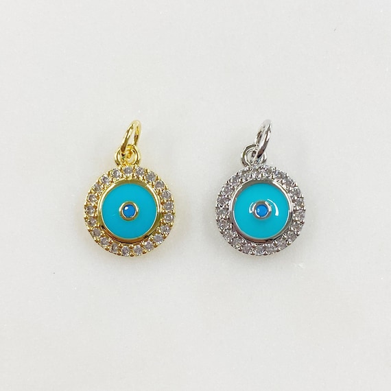 Round Turquoise and Blue Center CZ Trim Charm Choose Your Color Gold or Silver