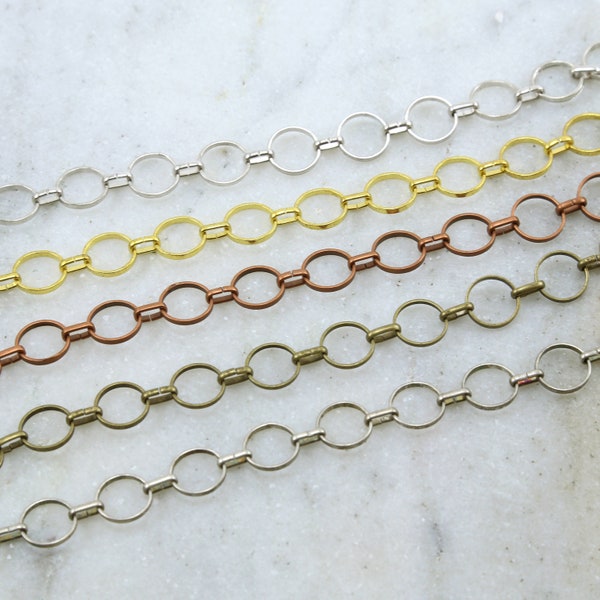 Base Metal Thin Circle Open Link Chain in Shiny Silver, Shiny Gold, Antique Copper, Antique Brass, Antique Silver / Chain By the Foot