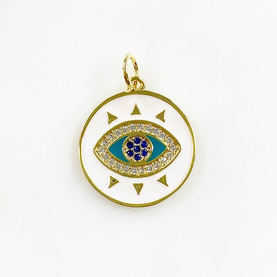 White Evil Eye Protection Coin Charm Gold Plated Enamel With Turquoise and Blue CZ Detail Protection Positivity Jewelry Making Charm
