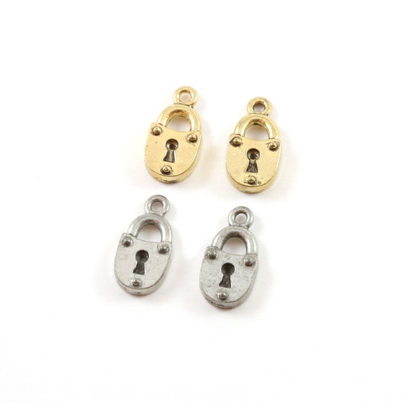 2 Pieces Pewter Simple Pad Lock Key Charm Jewelry Making Supplies Necklace Pendant Antique Gold, Antique Silver