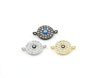 Round blue cz evil eye connector charm pendants rhodium plated necklace bracelet link in gold, silver, gunmetal