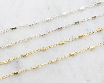 Flat Diamond Bar Link with Oval Link Chain 14K Gold Filed or Sterling Silver Permanent Jewelry  / Sold by the Foot / Bulk Unfinished Chain