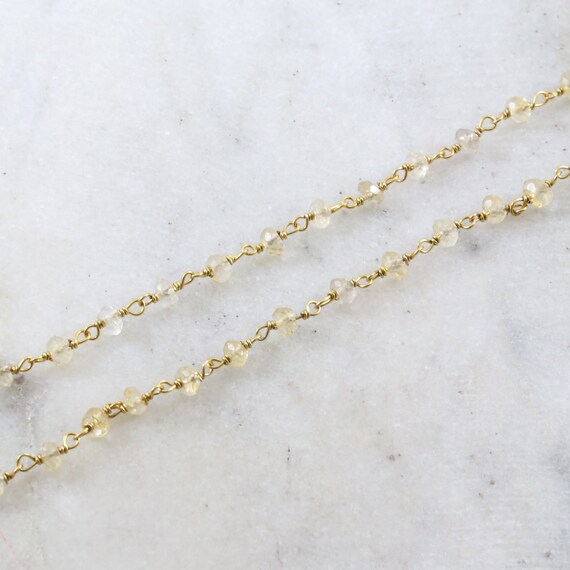 Dainty Vermeil Gold Citrine Quartz Beaded Wire Wrapped Chain / Sold by the Foot / Bulk Unfinished Chain / Light Yellow Gemstone Chain