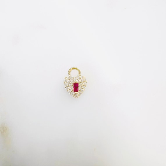 Small Cute Gold Plated CZ and Ruby Colored Crystal Detailed Heart Shaped Pad Lock Charm Love Charm, Valentine's Day, Mother's Day Charm