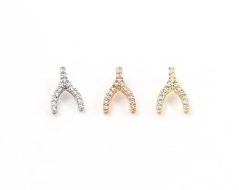 Tiny cz pave wishbone silver, gold, rose gold, small rhodium plated charm good luck charm