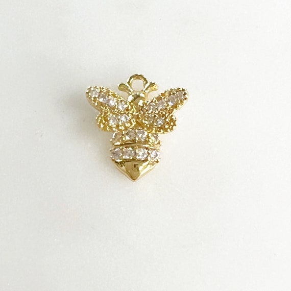 Small Detailed Honey Bee Charm Gold Plated CZ Cubic Zirconia Insect Nature Spring Pendant