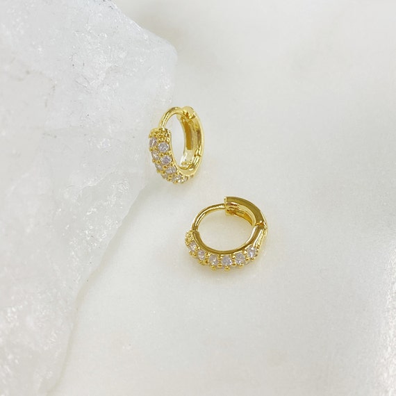 1 pair, Shimmering CZ Pave Huggie Hoop Earring, Gold Plated, Sold as Pair