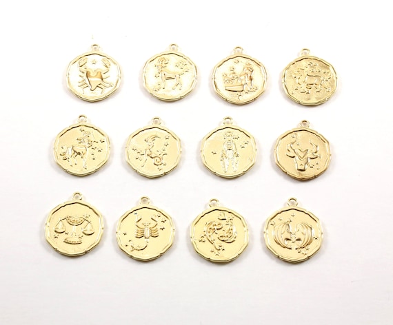 Unique Gold Zodiac Coin Constellation Round Medallion Charms Gold Plated Choose your Zodiac