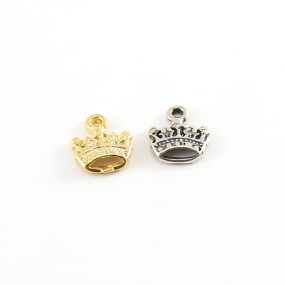 Little Flat Detailed Crown Charm Sterling Silver or Vermeil Gold Tiny Royal Princess Charm