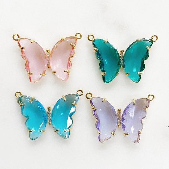 Large Acrylic Butterfly Statement Charm CZ Center Choose Your Color, Pink, Green, Blue or Purple