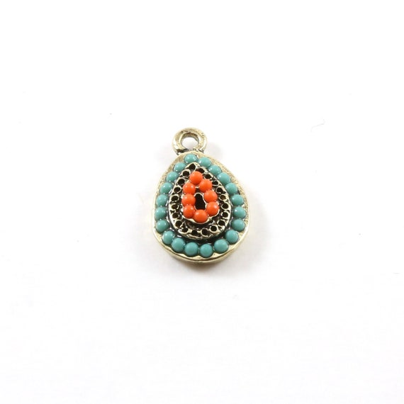 Teardrop Base Metal Colorful Red and Blue Crystal Beaded Tribal Bohemian Pendant Charm
