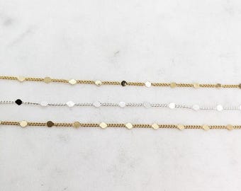 Tiny delicate 1mm base metal chain shiny gold, silver, or matte gold plated with 2mmflat discs/ chain by the foot / unfinished chain
