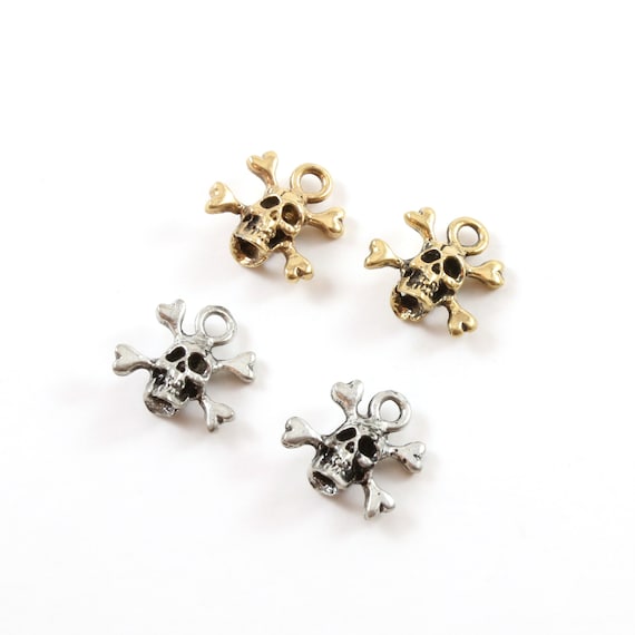 2 Pieces Pewter Double Sided Cross Bones Skull Pirate Charm Halloween Skeletons Day of the Dead Charm in Antique Gold, Antique Silver