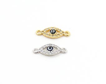 Tiny CZ Pave Evil Eye Oval Necklace or Bracelet Connector Link Charm in Gold or Silver Rhodium Plated