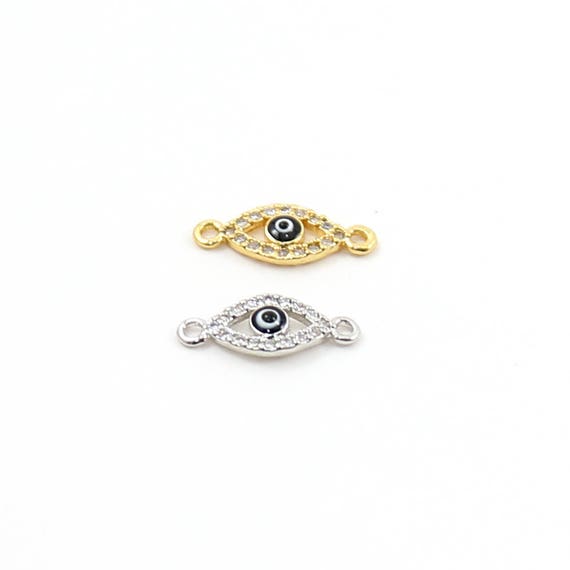 Tiny CZ Pave Evil Eye Oval Necklace or Bracelet Connector Link Charm in Gold or Silver Rhodium Plated