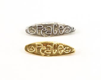 Organic Natural Peace Saying with Peace Sign Stamped Oval Bar with Swirls Bead Charm Pendant in Sterling Silver or Vermeil