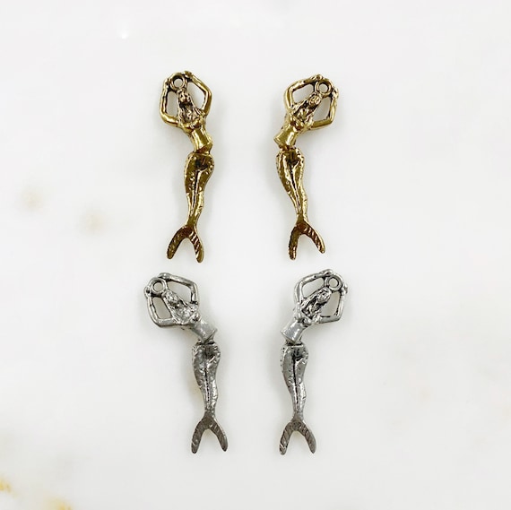 2 Piece Moveable Mermaid Charms Pewter Base Metal Beach Charm Choose Your Color Antique Gold or Antique Silver