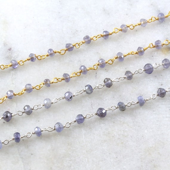 Dainty Iolite Gemstone Rosary Beaded Wire Wrapped Chain Sterling Silver or Vermeil  / Sold by the Foot / Bulk Unfinished Chain /