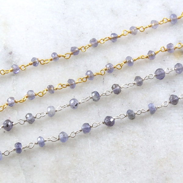 Dainty Iolite Gemstone Rosary Beaded Wire Wrapped Chain Sterling Silver or Vermeil  / Sold by the Foot / Bulk Unfinished Chain /