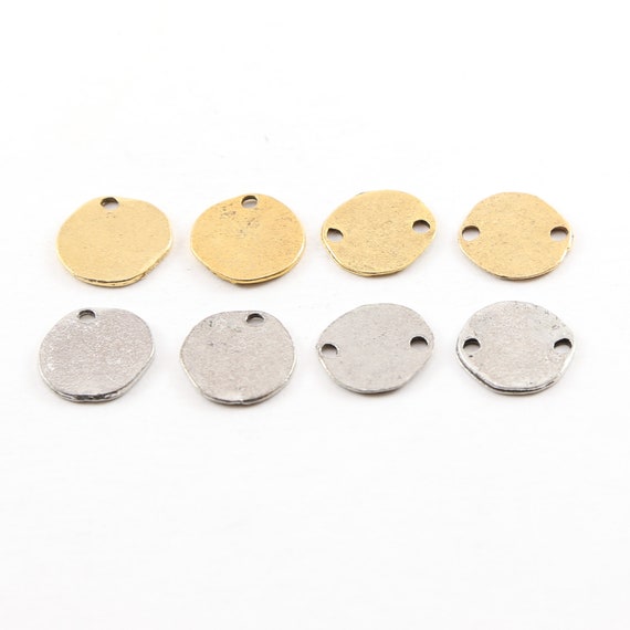 2 Pieces Thin 13mm Organic Raw Shape Round Stamping Disc 1 hole or 2 hole Dainty Bracelet Charm Connector Links