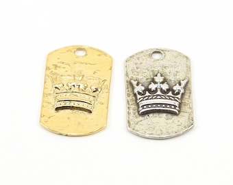 Large raised 3d queen princess crown dog tag charm pendant in sterling silver or vermeil gold