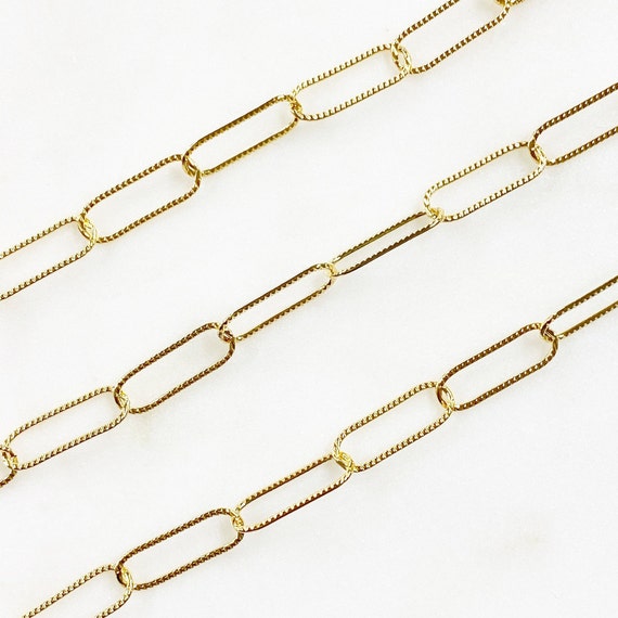 5 x 15mm 14k GF Light Textured Elongated Flat Drawn Rectangle Cable Box Chain  Permanent Jewelry Sold by the Foot/ Bulk Unfinished Chain