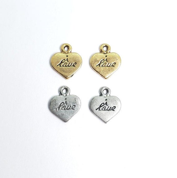 2 Pieces Pewter Thick Heart Shaped Stamped I Love In Cursive Inspiration Charm Antique Gold, Antique Silver
