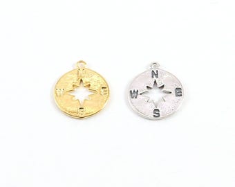Round compass charm navigation traveler pendant medallion coin in sterling silver or vermeil gold 12mm x 20mm