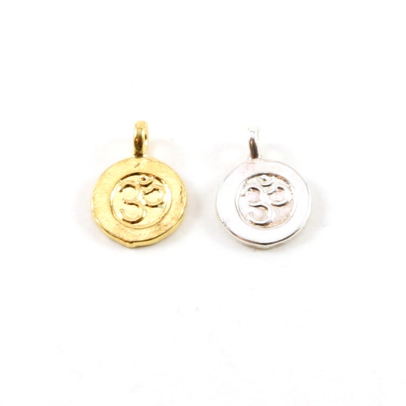 Small Embossed Om Ohm Circle Coin Medallion in Sterling Silver or Vermeil Gold Buddha Mantra Yoga Charm Single Sideways Loop Pendant