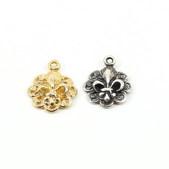 3D Fleur di Lis Charm with Fancy Lace Pendant in Sterling Silver or Vermeil Gold