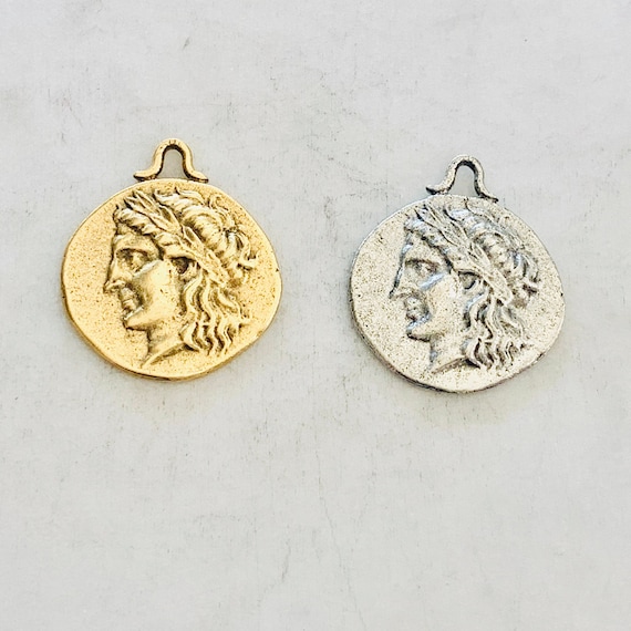 Ancient Greek Mythology Lion Symbol Double Sided Coin Medallion Charm pendant Pewter Antique Gold or Antique Silver