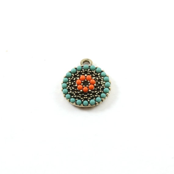 Round Circular Base Metal Colorful Red and Blue Crystal Beaded Tribal Bohemian Pendant Charm