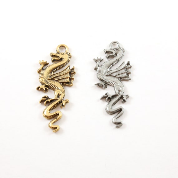 Pewter Large Tall Detailed Dragon Charm Fantasy Medieval Magic Mystical Creature Pendant in Antique Gold, Antique Silver
