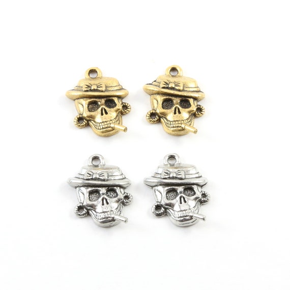 2 Pieces Pewter Smoking Skull with Hat and Earrings Charm Pendant Halloween Skeletons Day of the Dead Charm in Antique Gold, Antique Silver