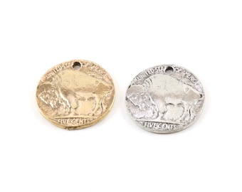 Pewter United States Round Buffalo Five Cents Coin Charm Medallion Pedant in Antique Gold and Antique Silver