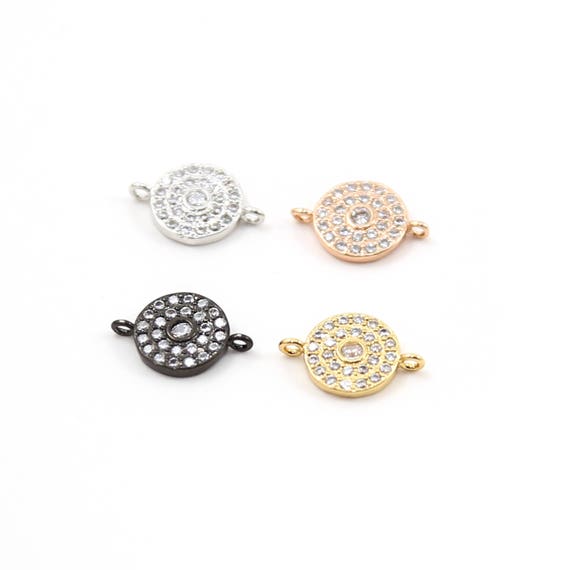 Rhodium CZ Pave Round Disc Circle Horizontal Medallion Connector Cubic Zirconia Charm in Silver, Gold, Rose Gold, Gunmetal